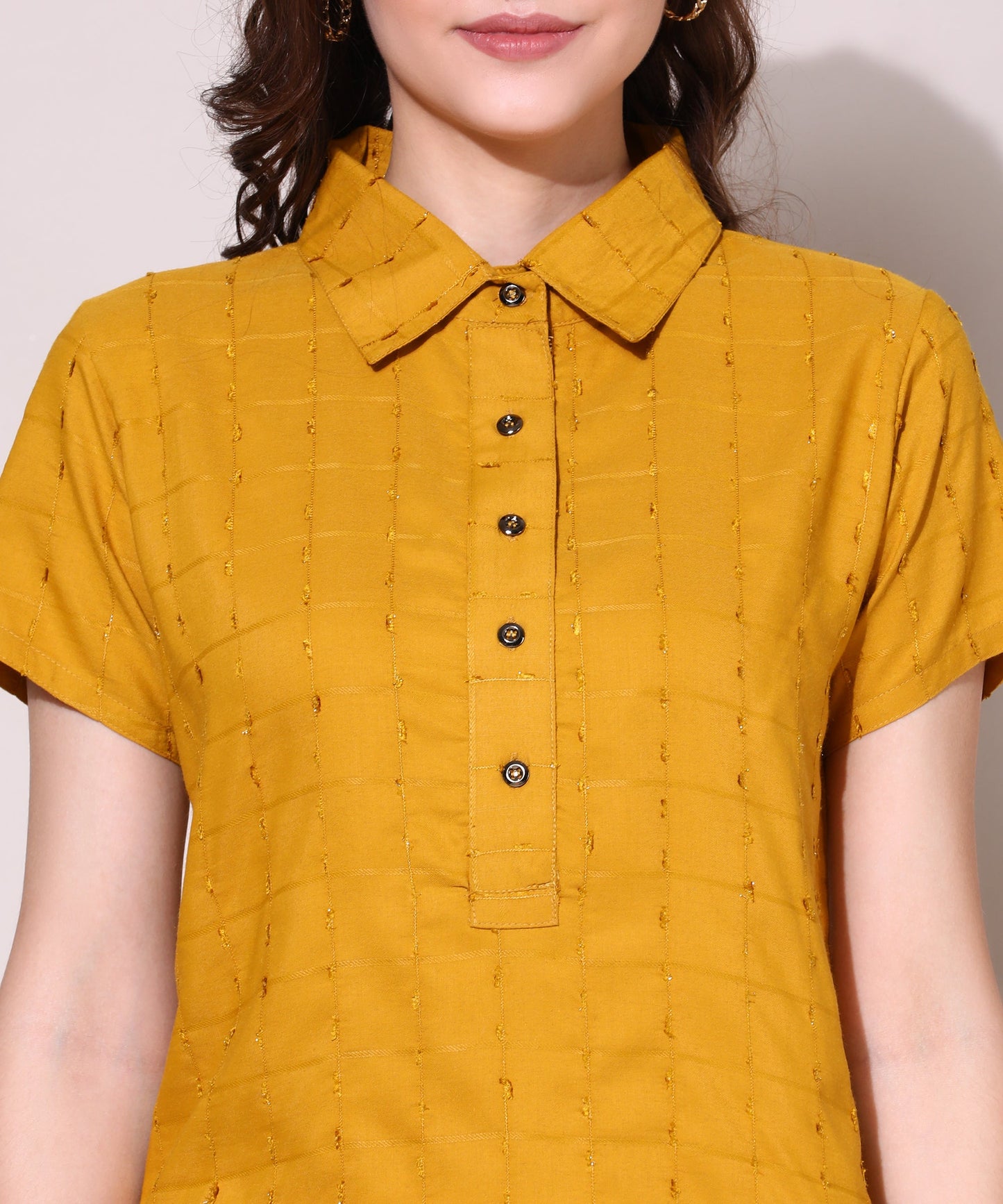 Check Style Stylish Lurex Weave Designer Kurti , Yellow