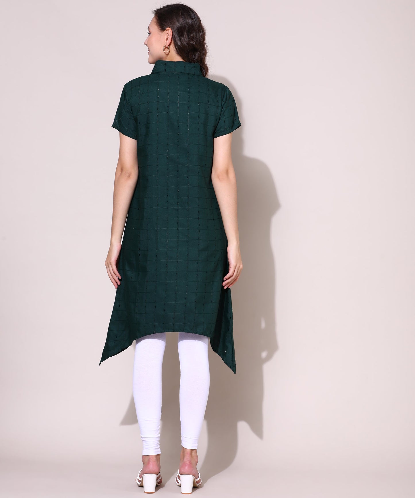 Check Style Stylish Lurex Weave Designer Kurti , Bottle Green