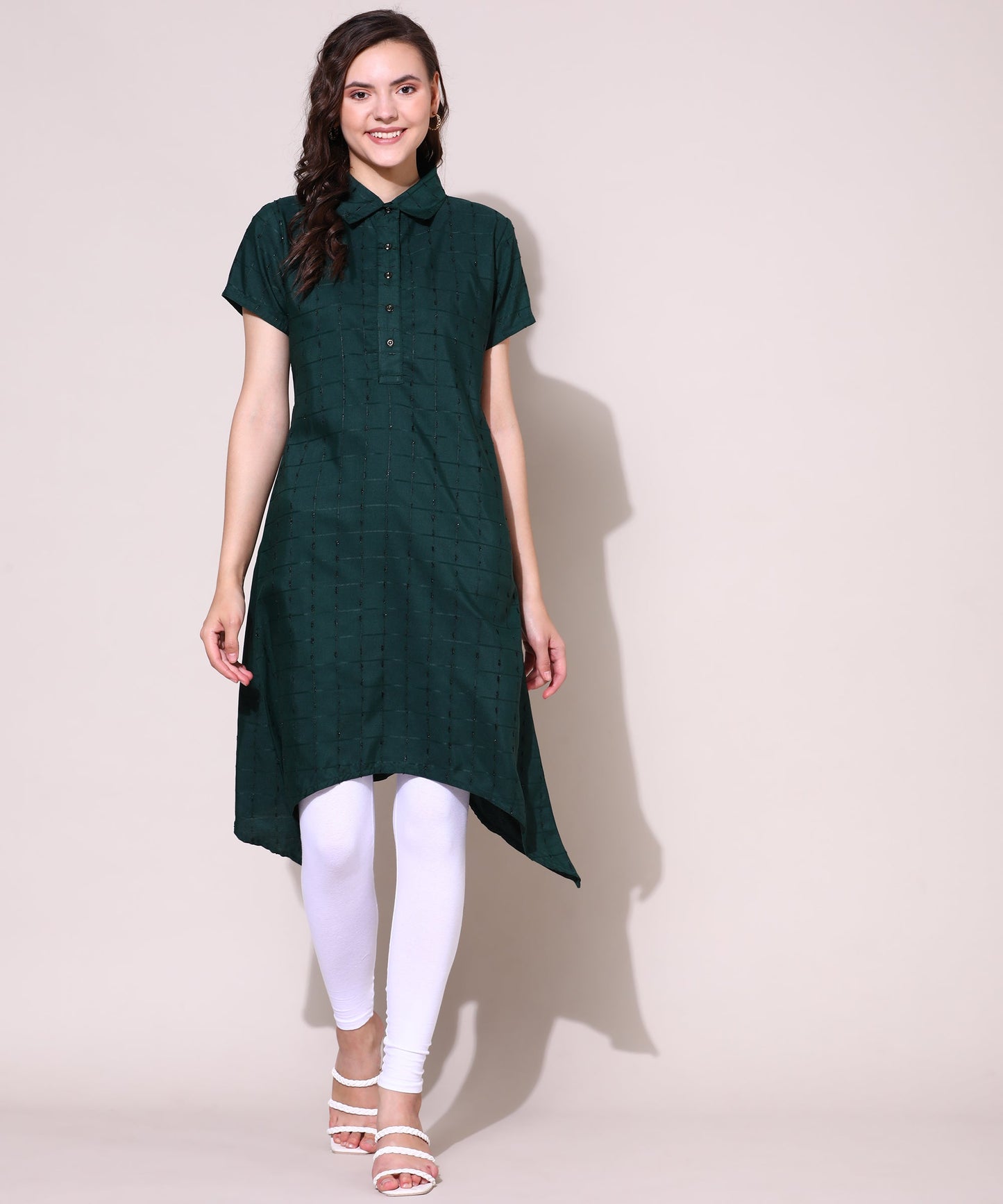 Check Style Stylish Lurex Weave Designer Kurti , Bottle Green