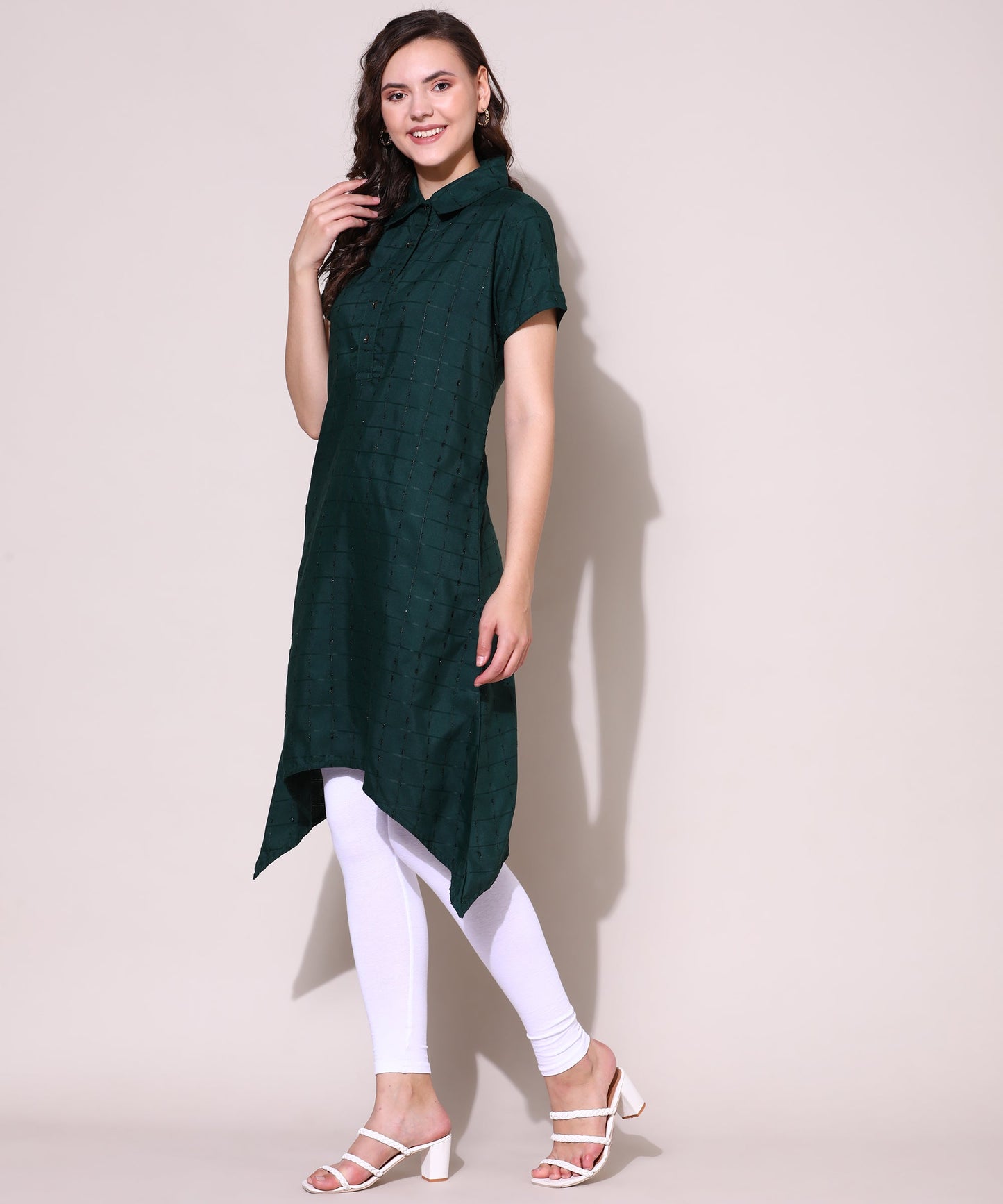 Check Style Stylish Lurex Weave Designer Kurti , Bottle Green