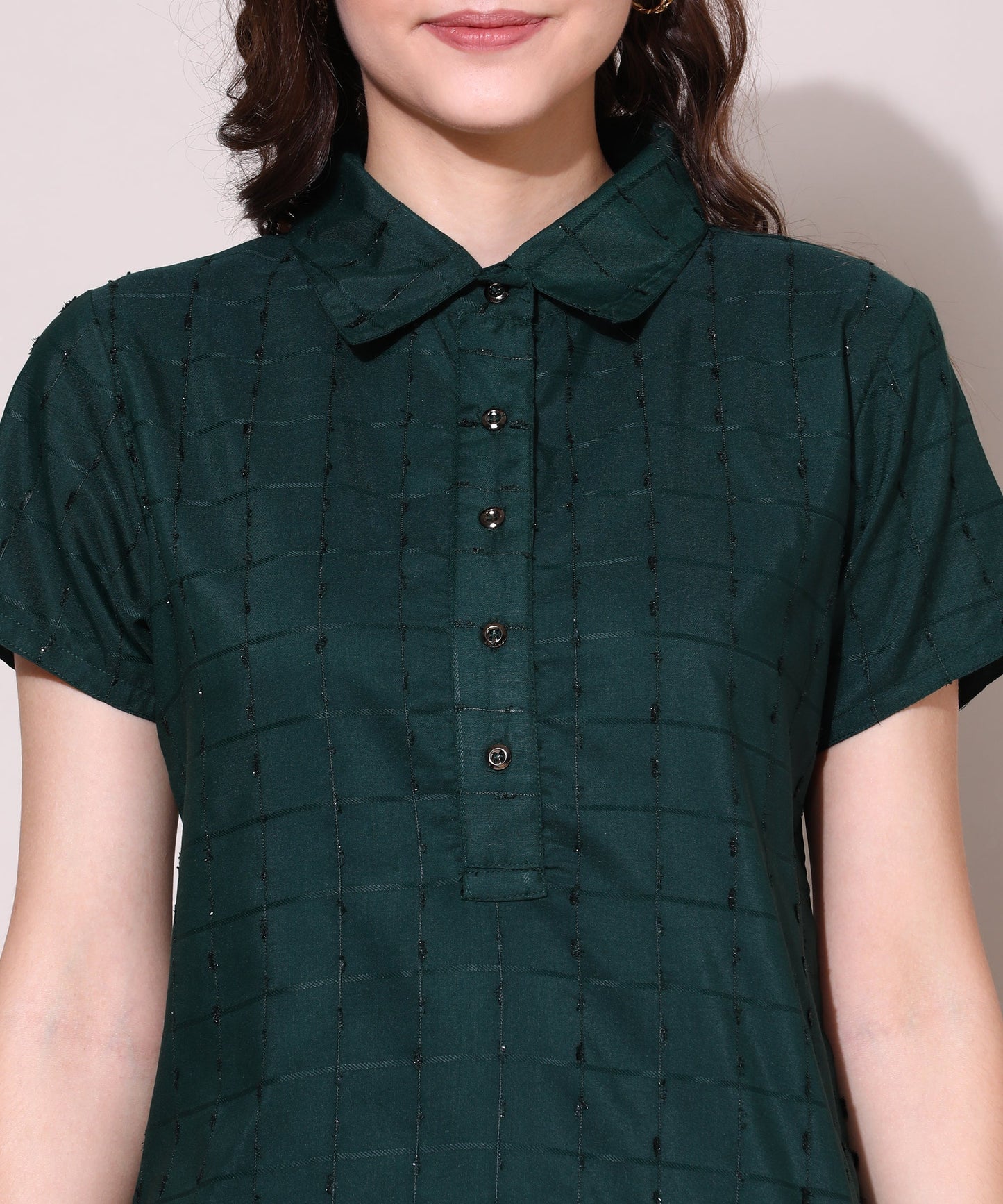 Check Style Stylish Lurex Weave Designer Kurti , Bottle Green