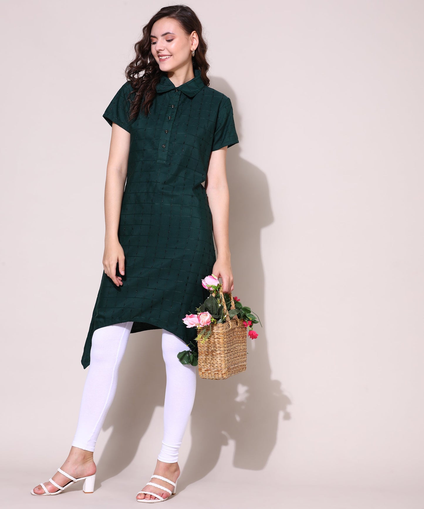 Check Style Stylish Lurex Weave Designer Kurti , Bottle Green