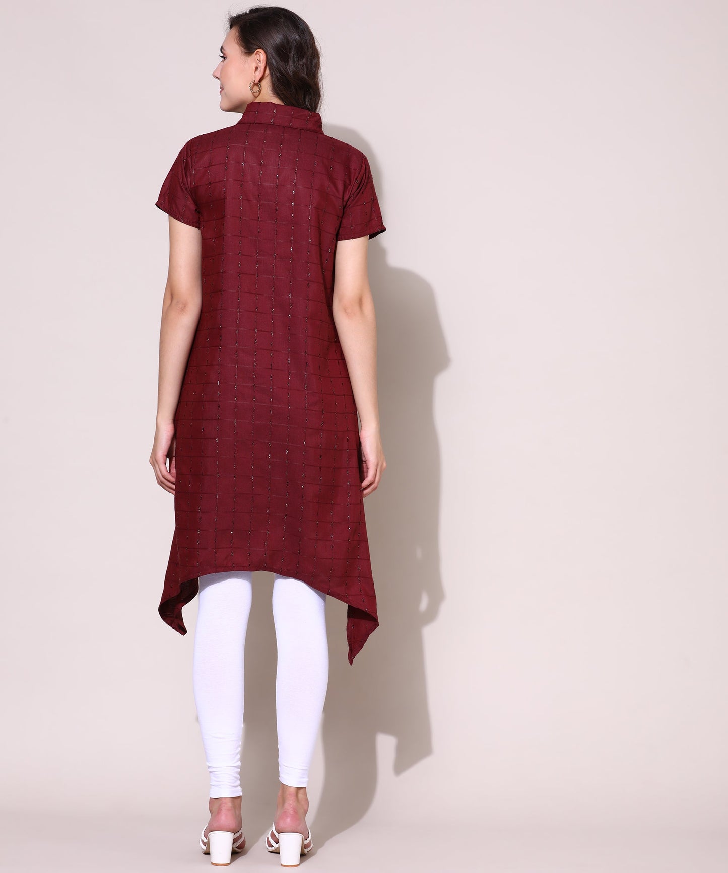 Check Style Stylish Lurex Weave Designer Kurti , Red