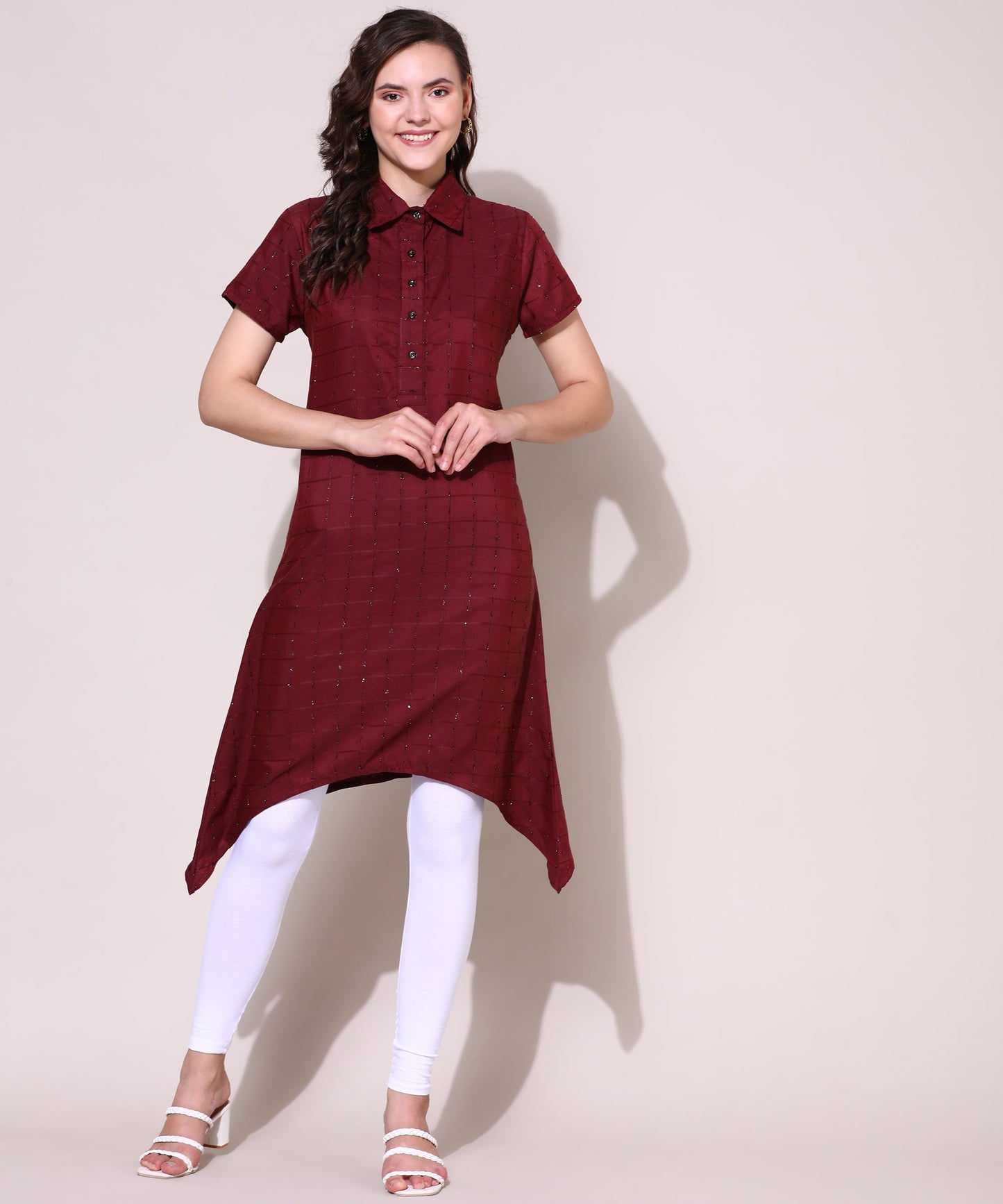 Check Style Stylish Lurex Weave Designer Kurti , Red