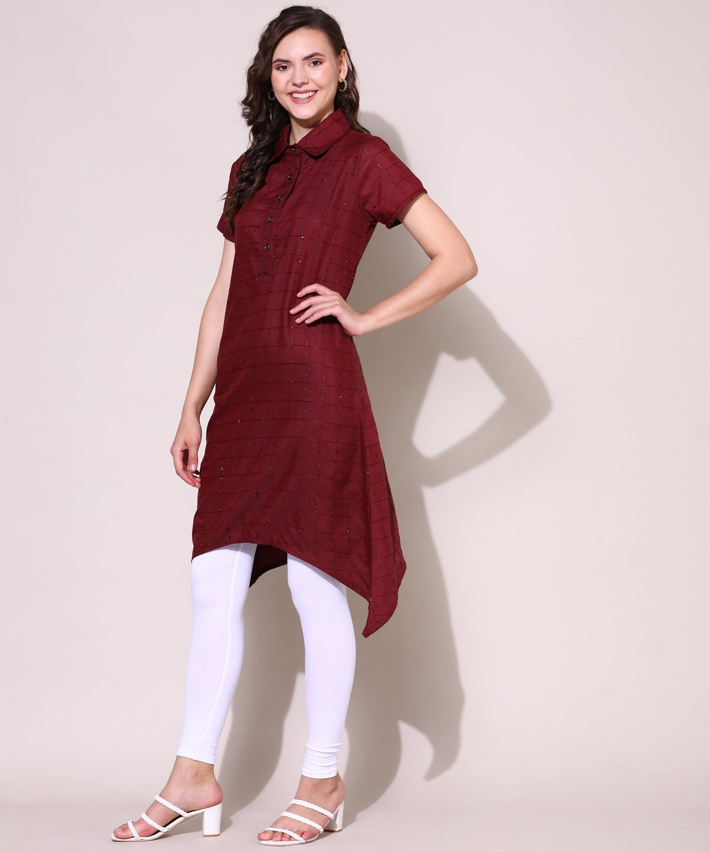 Check Style Stylish Lurex Weave Designer Kurti , Red