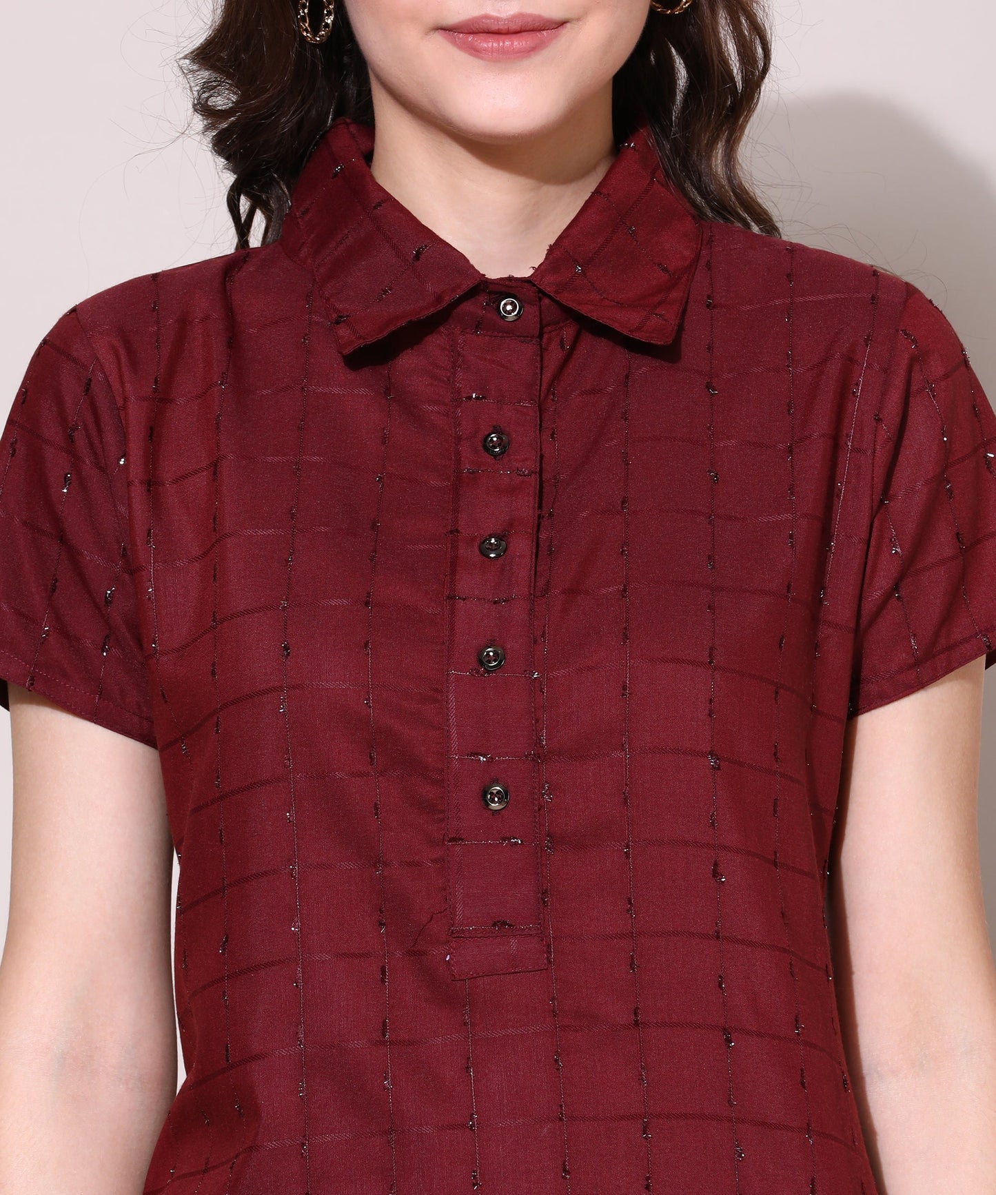 Check Style Stylish Lurex Weave Designer Kurti , Red