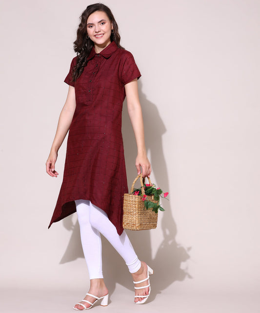 Check Style Stylish Lurex Weave Designer Kurti , Red