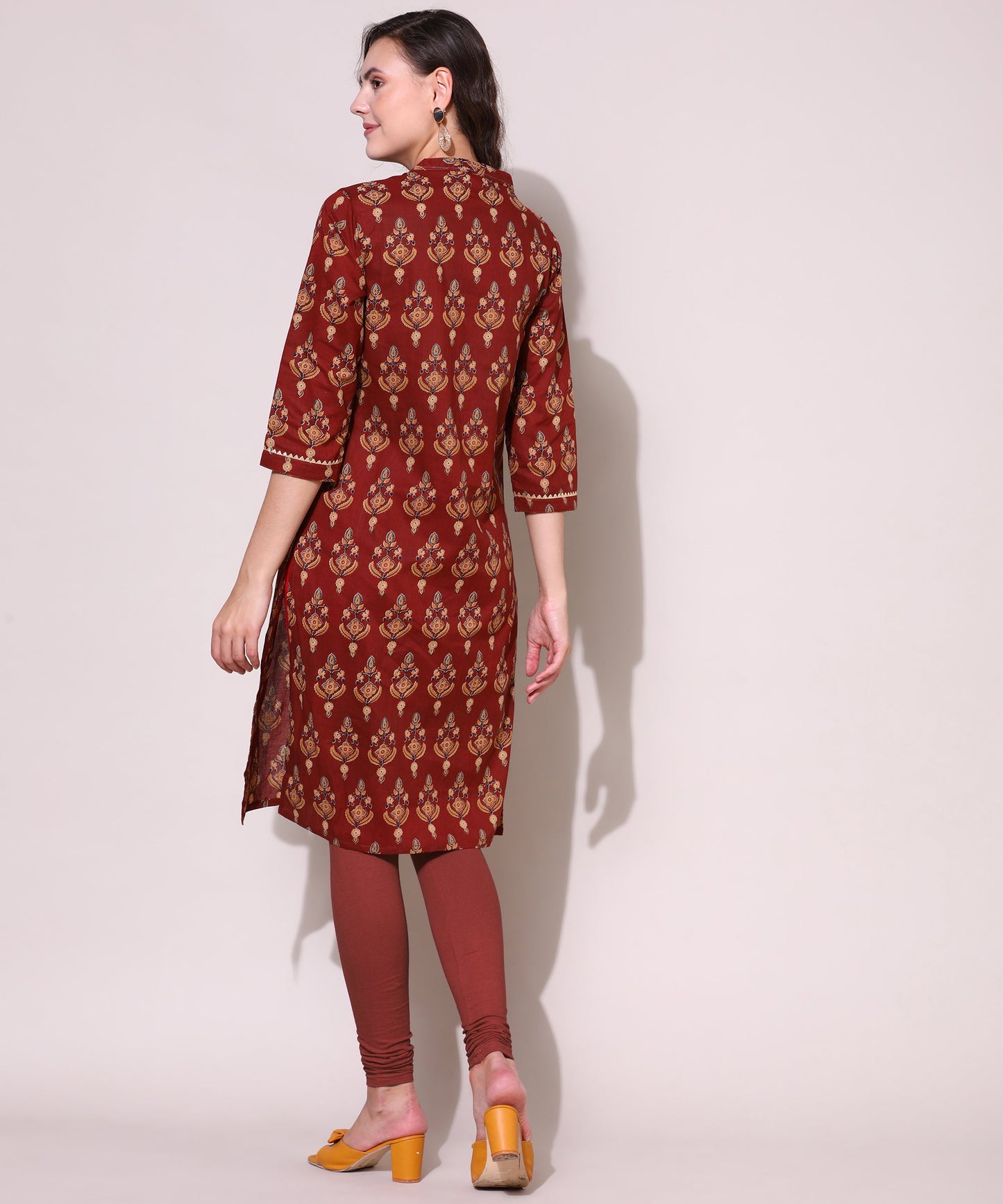 Printed Golden Lace Work Block Print Kurti For Women , Red