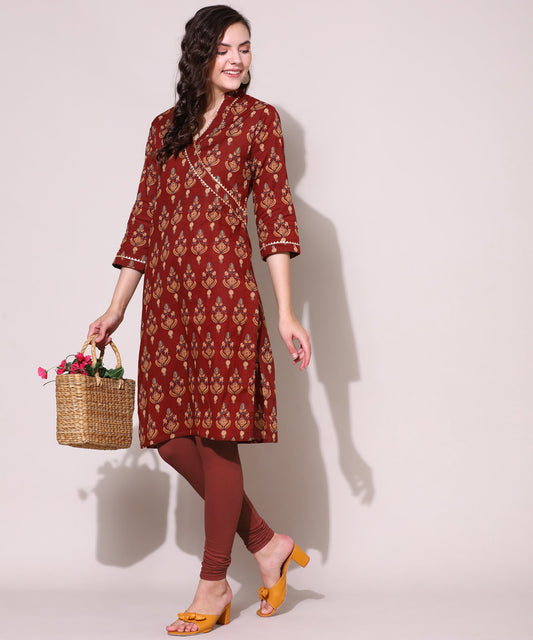 Printed Golden Lace Work Block Print Kurti For Women , Red
