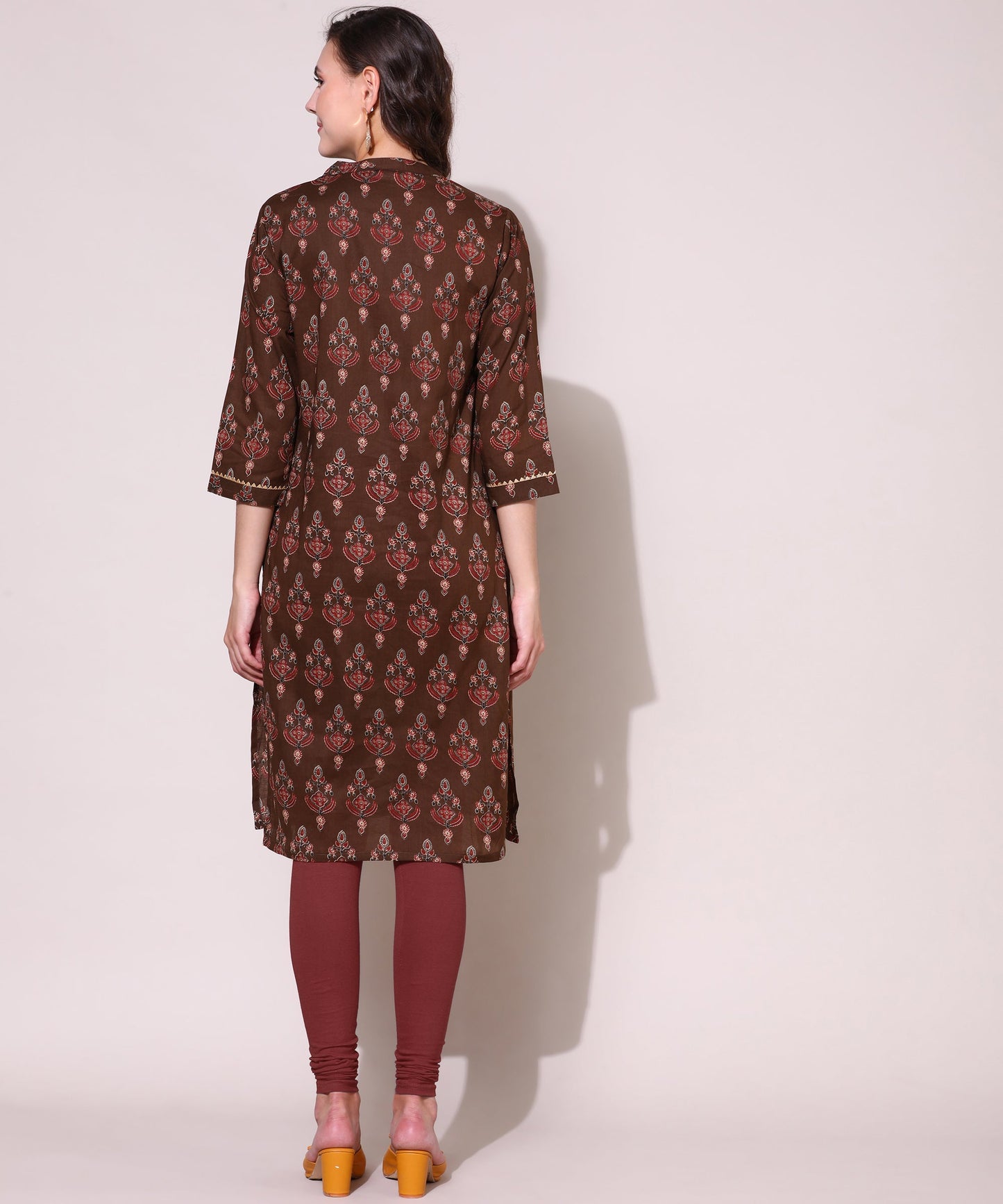 Printed Golden Lace Work Block Print Kurti For Women , Brown