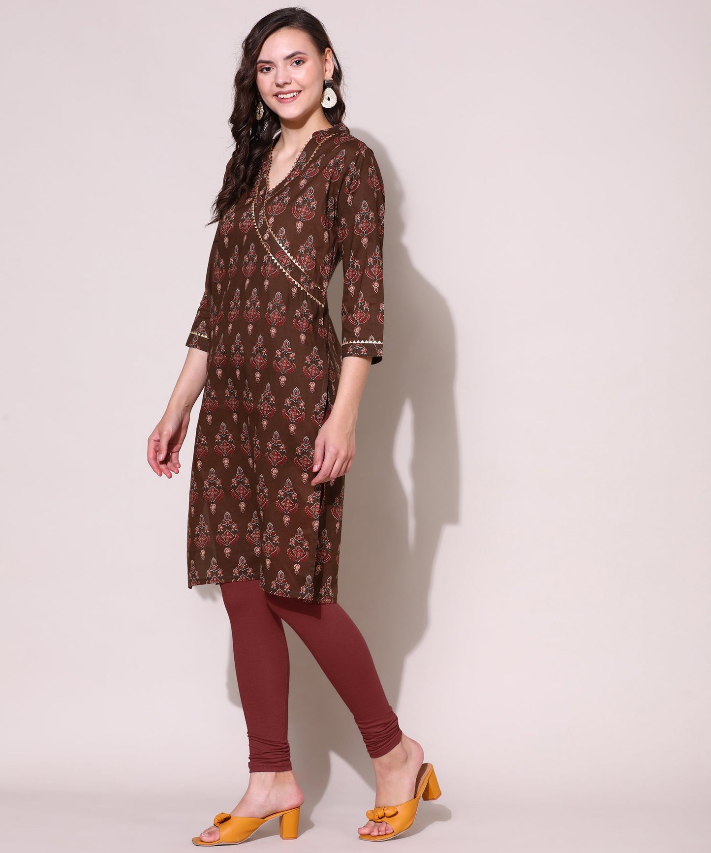 Printed Golden Lace Work Block Print Kurti For Women , Brown