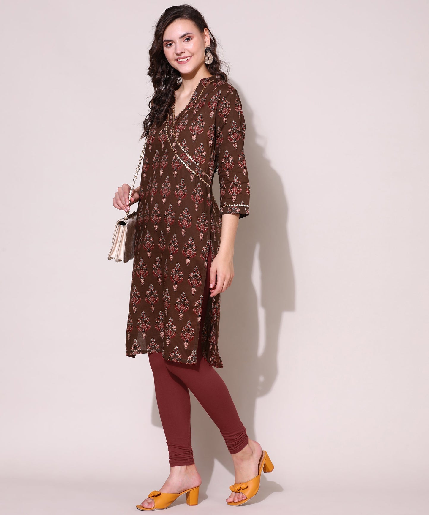 Printed Golden Lace Work Block Print Kurti For Women , Brown