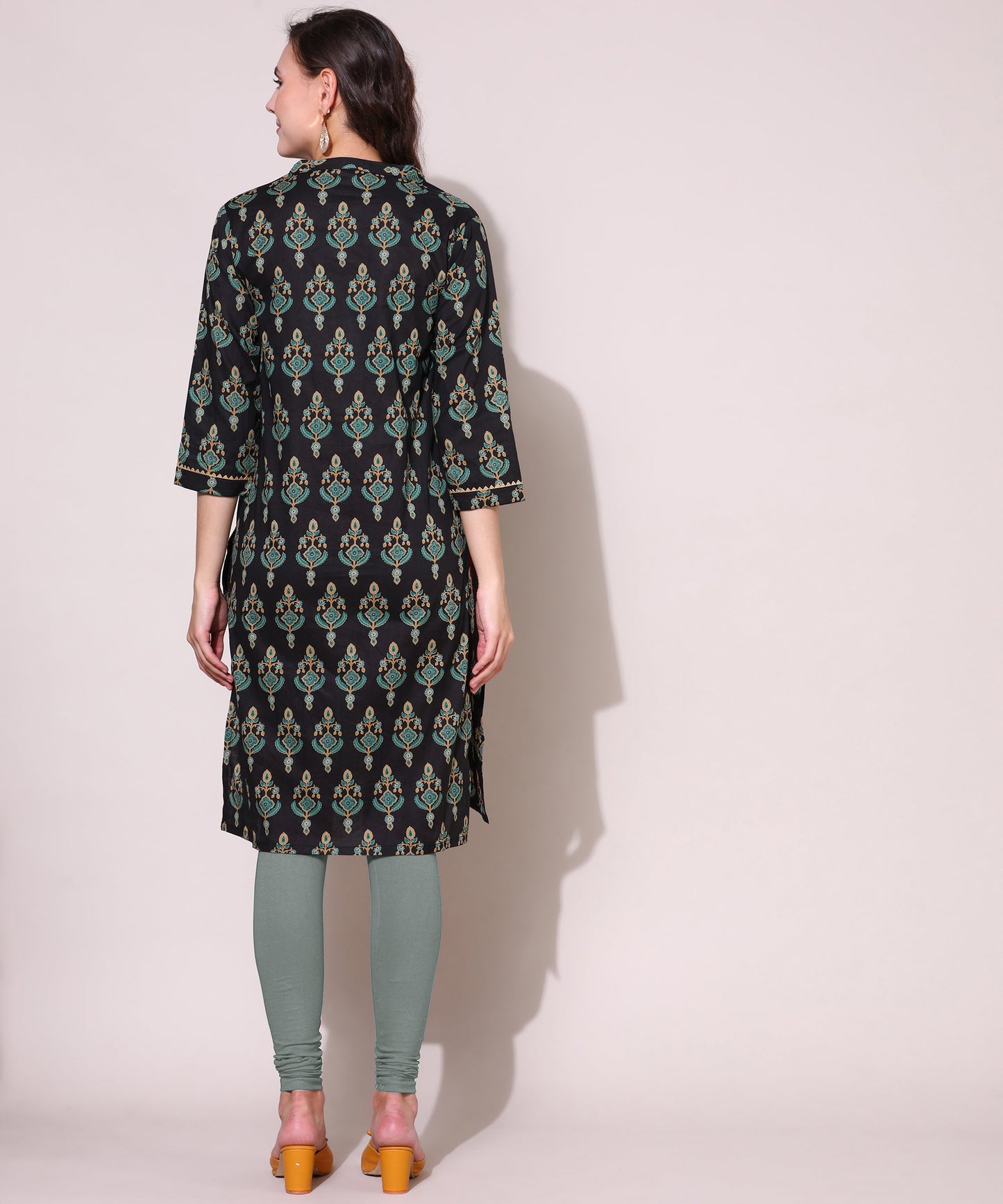 Printed Golden Lace Work Block Print Kurti For Women , Black