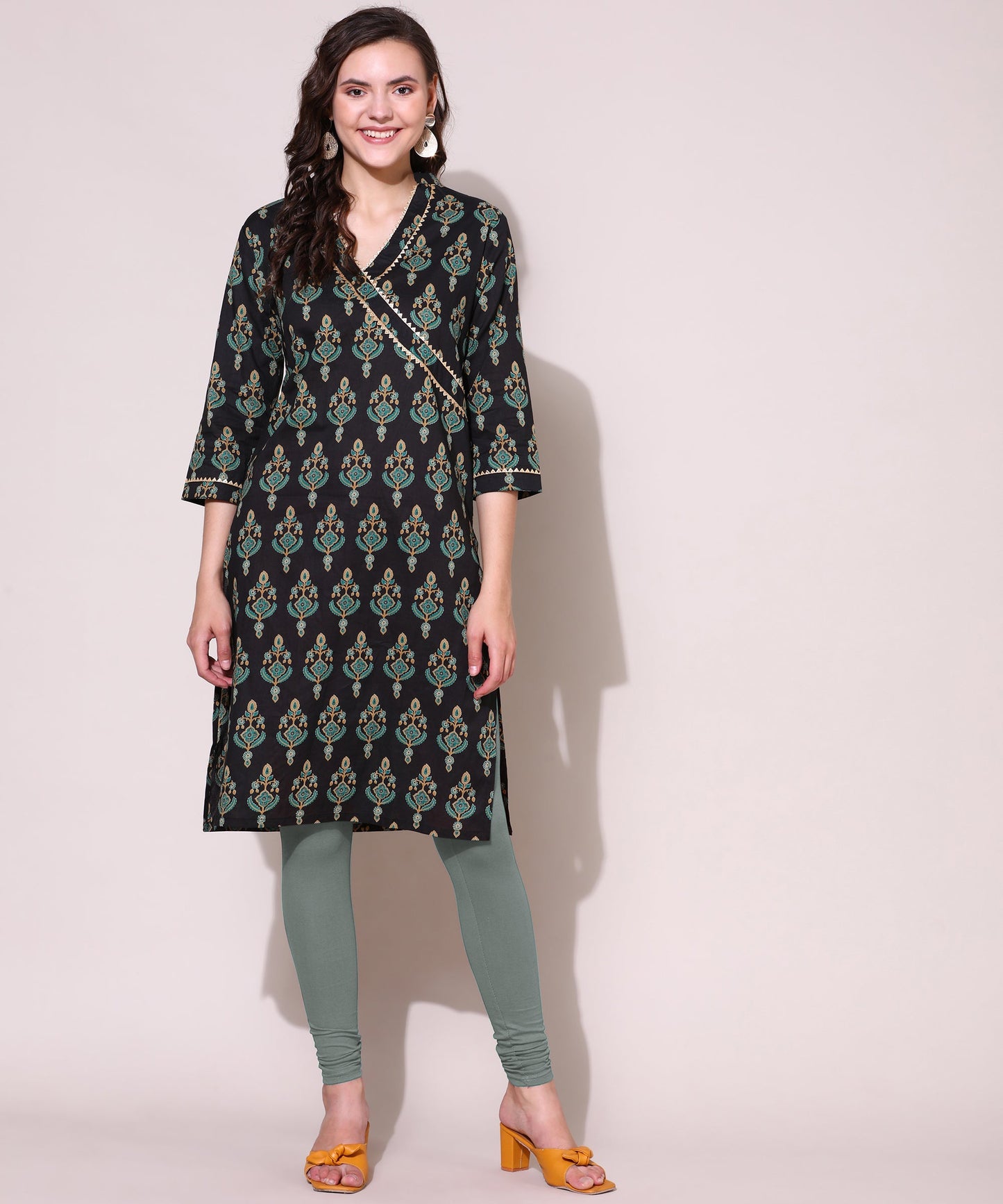 Printed Golden Lace Work Block Print Kurti For Women , Black