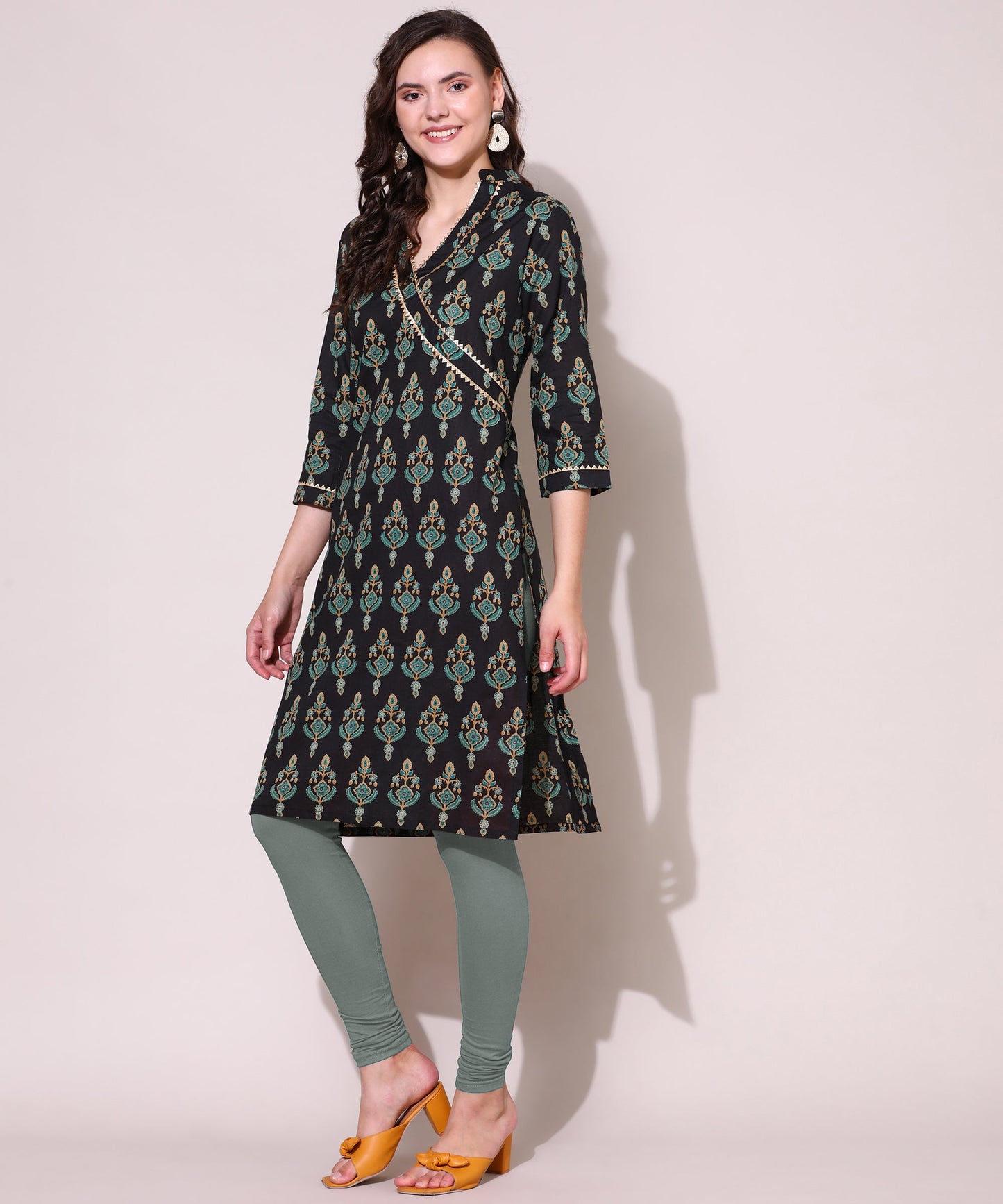 Printed Golden Lace Work Block Print Kurti For Women , Black