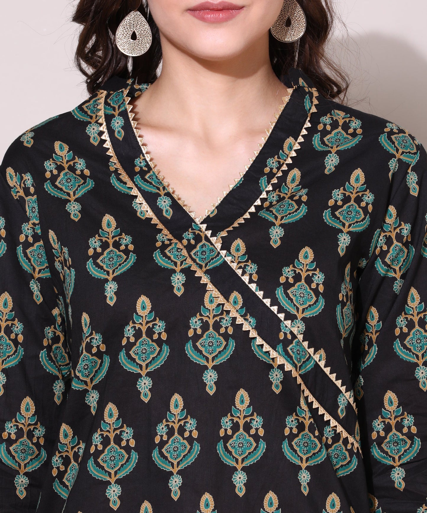 Printed Golden Lace Work Block Print Kurti For Women , Black