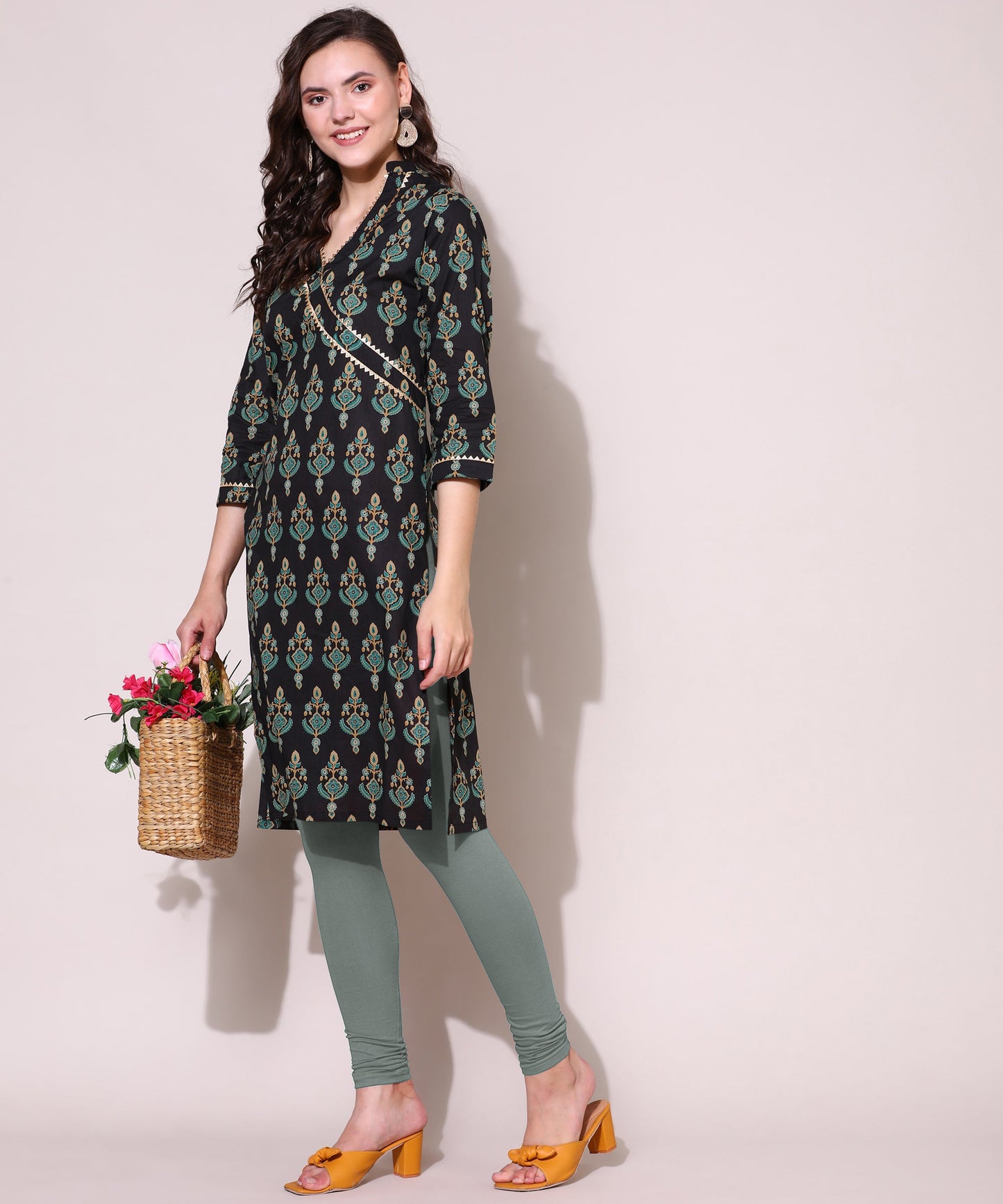 Printed Golden Lace Work Block Print Kurti For Women , Black