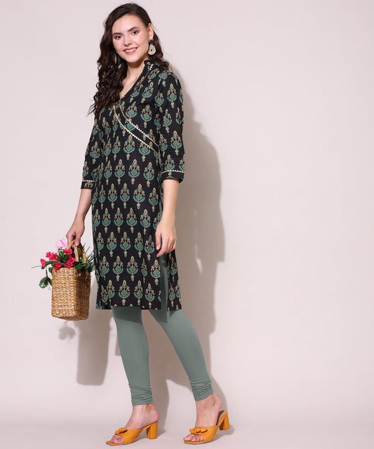 Printed Golden Lace Work Block Print Kurti For Women , Black