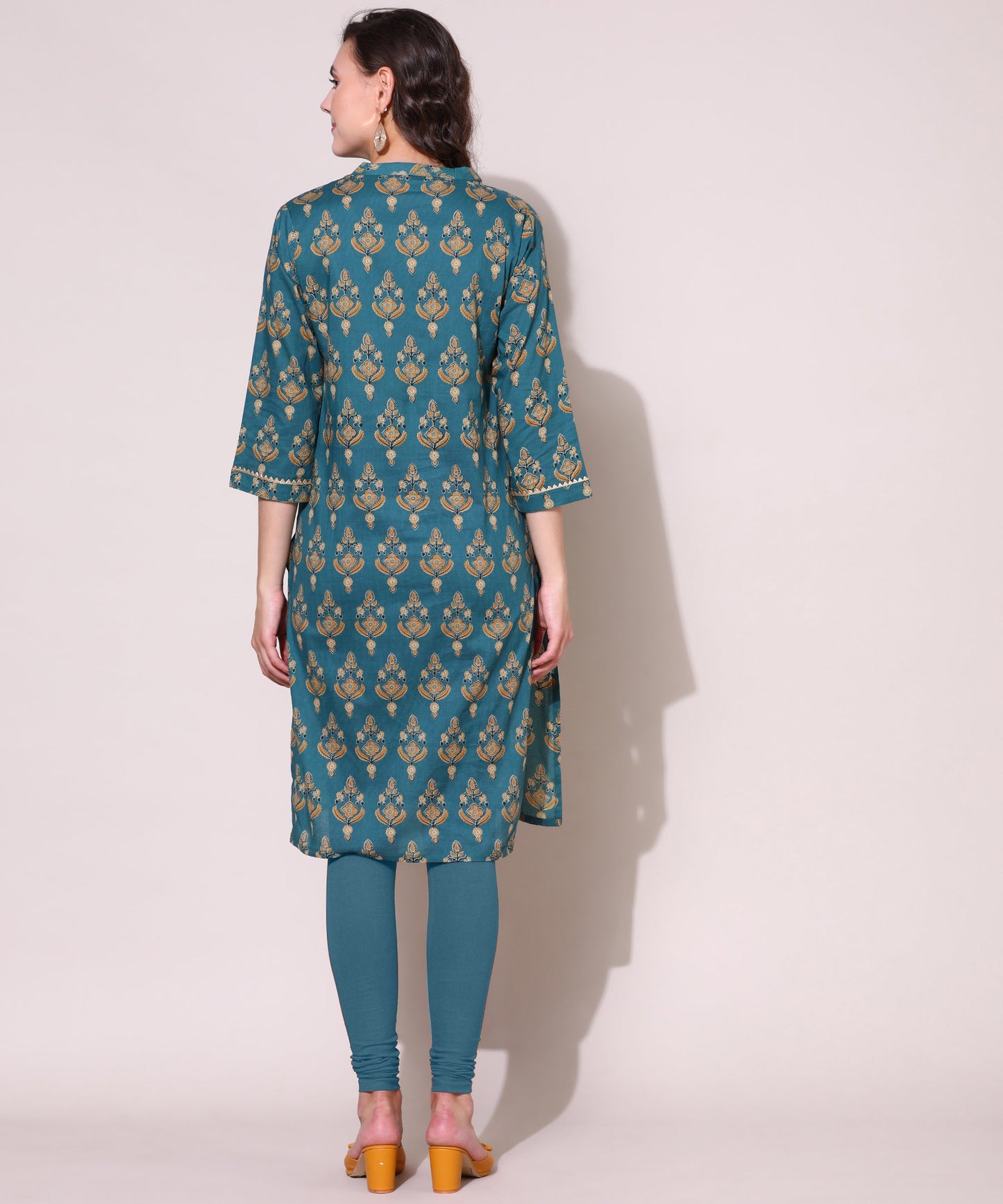 Printed Golden Lace Work Block Print Kurti For Women , Blue