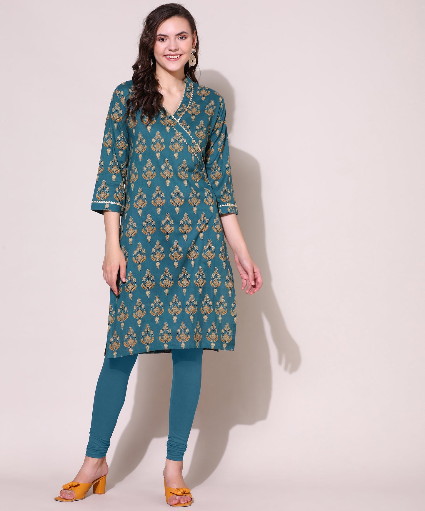 Printed Golden Lace Work Block Print Kurti For Women , Blue