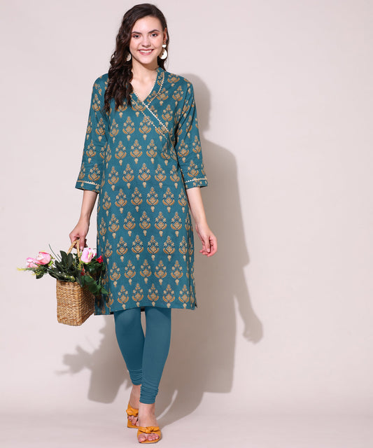 Printed Golden Lace Work Block Print Kurti For Women , Blue