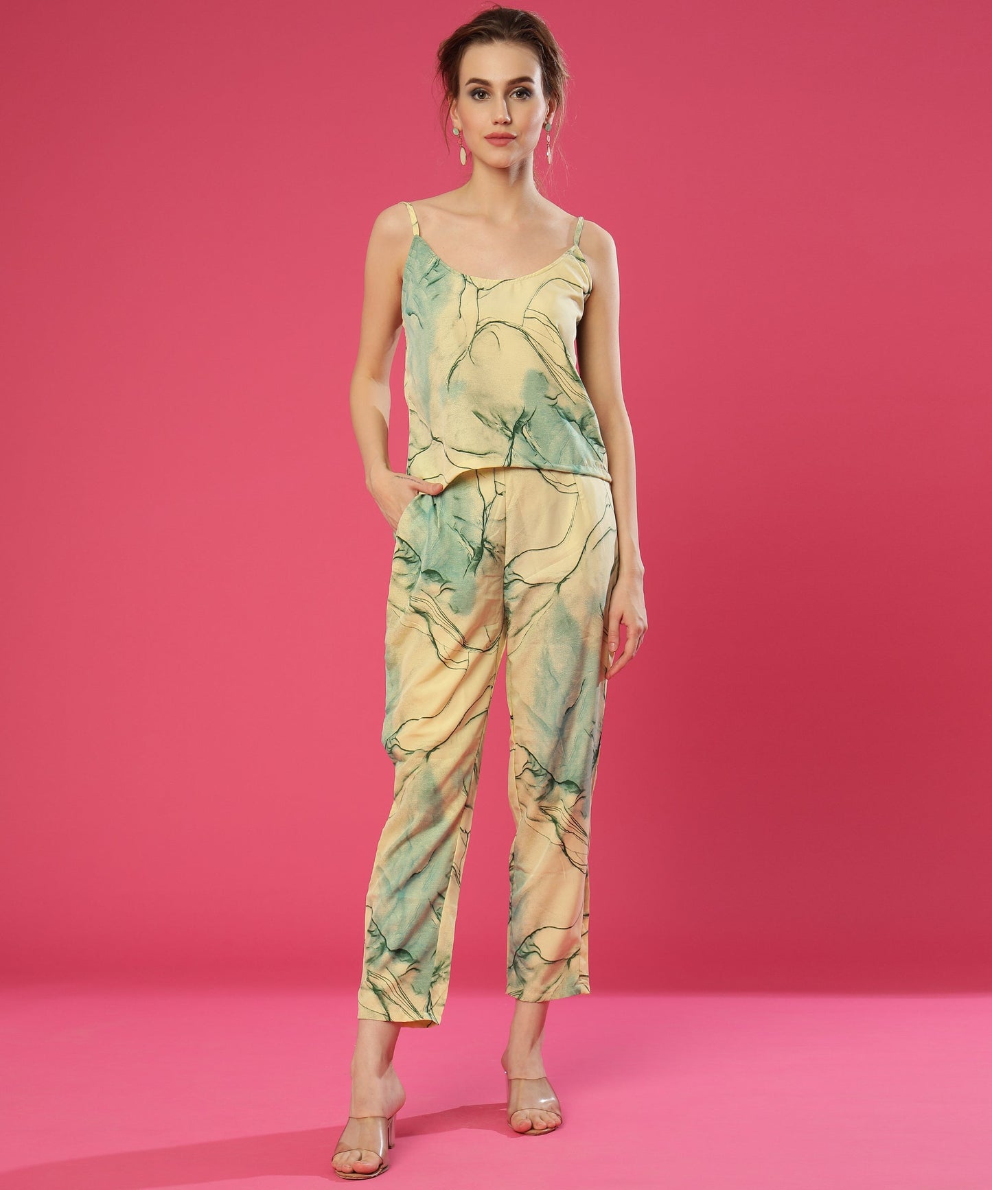 ANUSHIL Stylish Co-ord Set for Women - Printed Crop Top with Pants and Blazer, 3peice Co-ord Set for Casual Wear (Green)