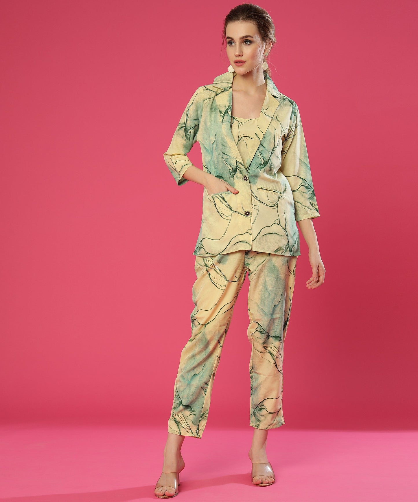 ANUSHIL Stylish Co-ord Set for Women - Printed Crop Top with Pants and Blazer, 3peice Co-ord Set for Casual Wear (Green)