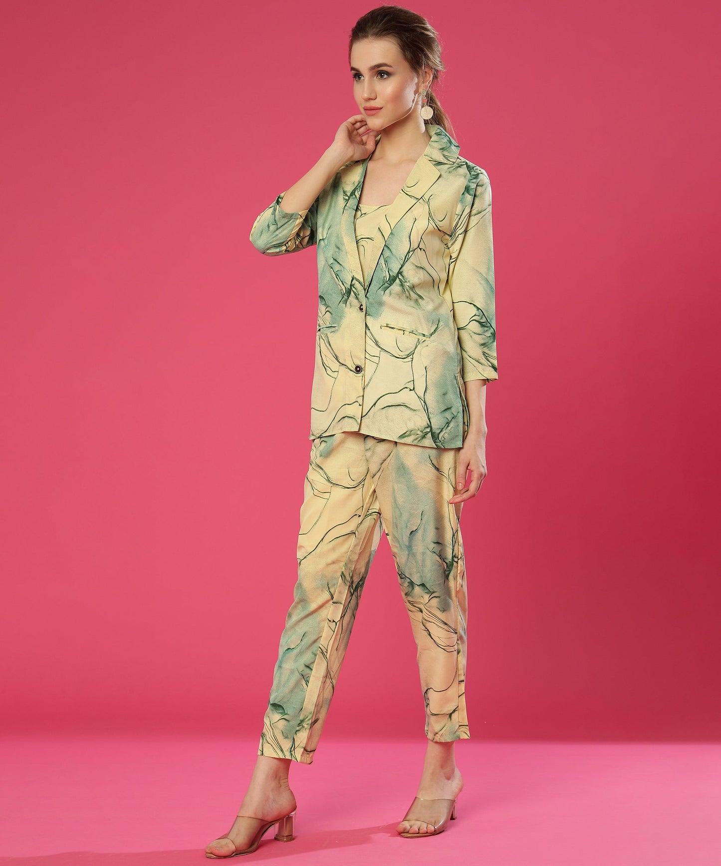 ANUSHIL Stylish Co-ord Set for Women - Printed Crop Top with Pants and Blazer, 3peice Co-ord Set for Casual Wear (Green)