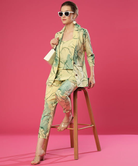 ANUSHIL Stylish Co-ord Set for Women - Printed Crop Top with Pants and Blazer, 3peice Co-ord Set for Casual Wear (Green)