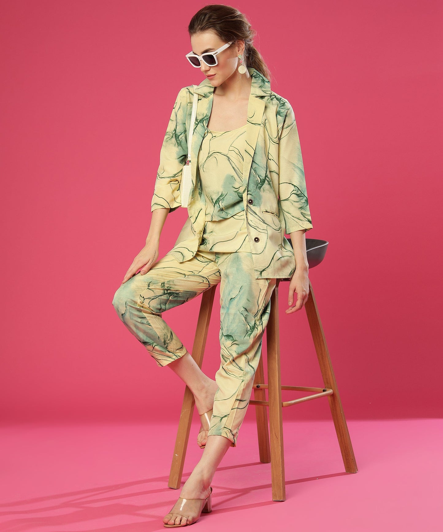 ANUSHIL Stylish Co-ord Set for Women - Printed Crop Top with Pants and Blazer, 3peice Co-ord Set for Casual Wear (Green)