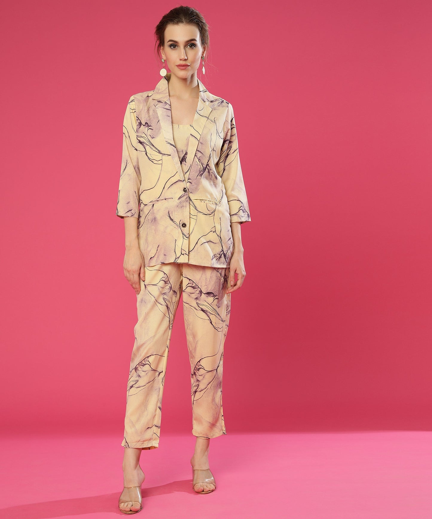 ANUSHIL Stylish Co-ord Set for Women - Printed Crop Top with Pants and Blazer, 3peice Co-ord Set for Casual Wear (Purple)