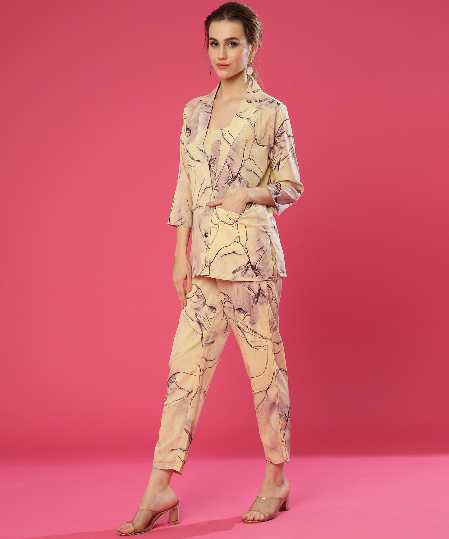 ANUSHIL Stylish Co-ord Set for Women - Printed Crop Top with Pants and Blazer, 3peice Co-ord Set for Casual Wear (Purple)