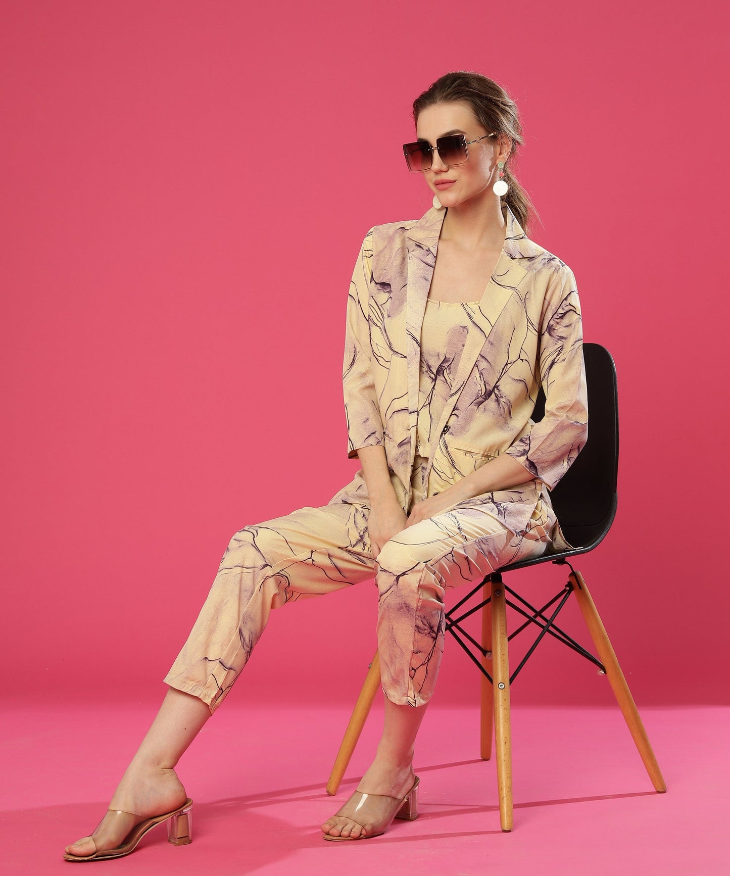 ANUSHIL Stylish Co-ord Set for Women - Printed Crop Top with Pants and Blazer, 3peice Co-ord Set for Casual Wear (Purple)