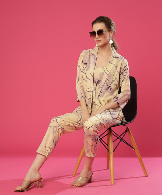 ANUSHIL Stylish Co-ord Set for Women - Printed Crop Top with Pants and Blazer, 3peice Co-ord Set for Casual Wear (Purple)