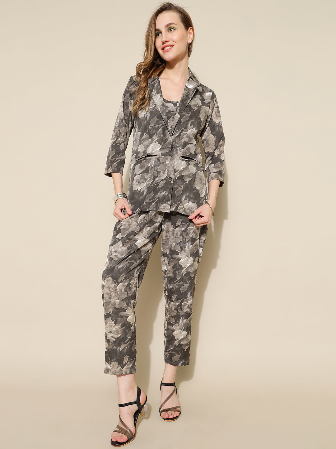 ANUSHIL Stylish Co-ord Set for Women - Printed Crop Top with Pants and Blazer, 3peice Co-ord Set for Casual Wear (Grey)