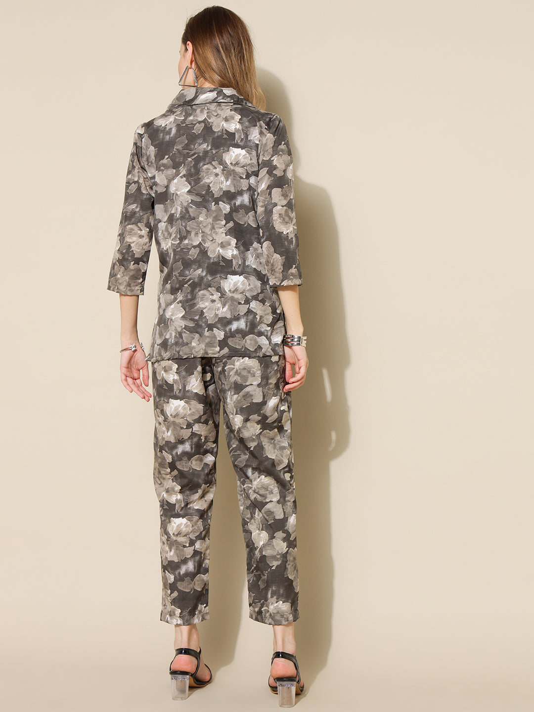 ANUSHIL Stylish Co-ord Set for Women - Printed Crop Top with Pants and Blazer, 3peice Co-ord Set for Casual Wear (Grey)