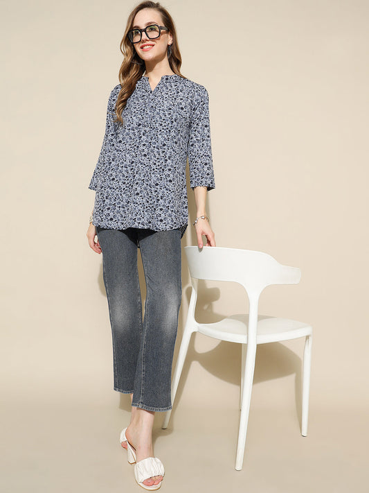 ANUSHIL Women's Short Kurti: Contemporary Comfort and Style, Relaxed Fit - Plus Size, Floral Printed (Grey)