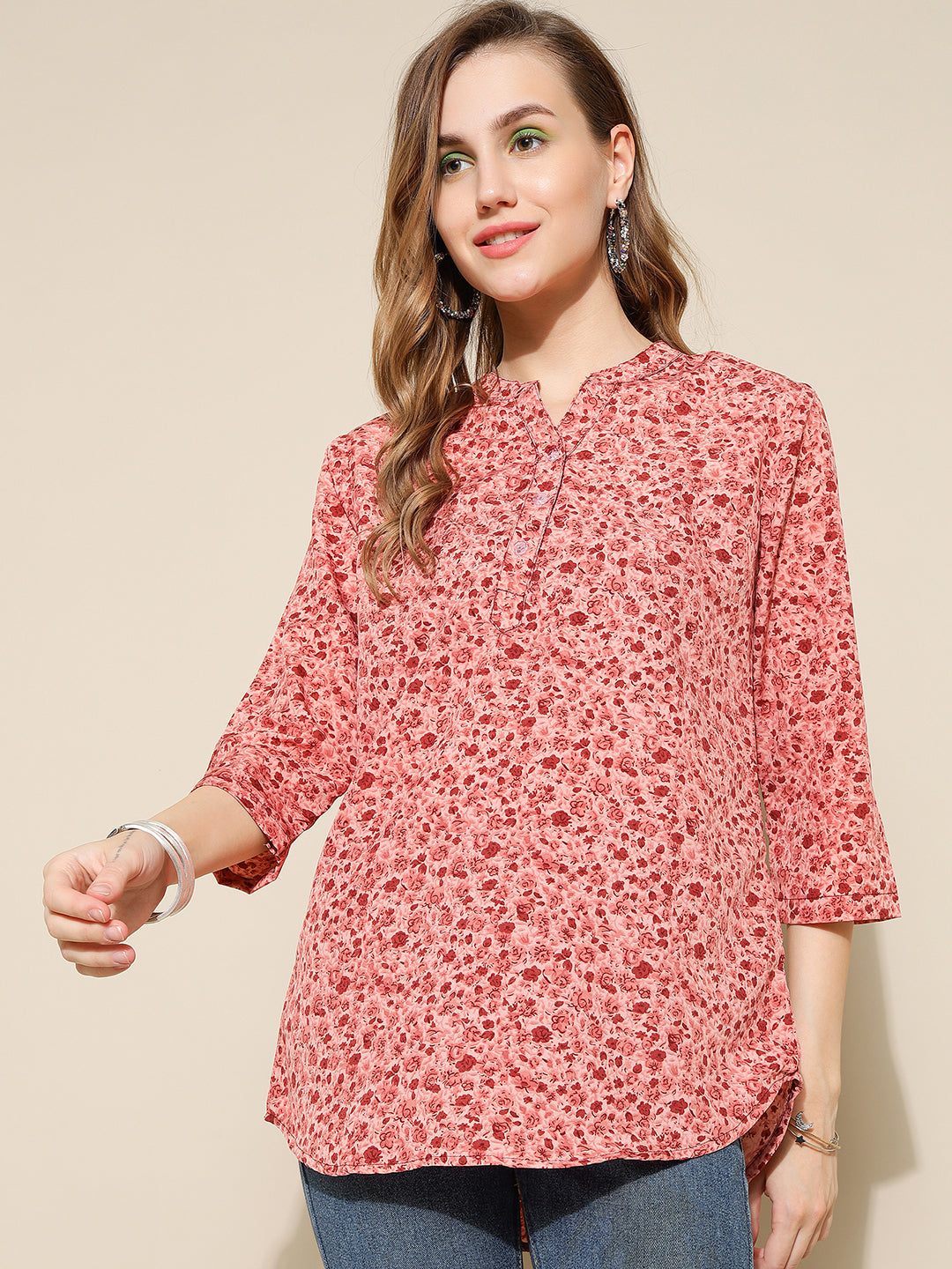 ANUSHIL Women's Short Kurti: Contemporary Comfort and Style, Relaxed Fit - Plus Size, Floral Printed (Red)