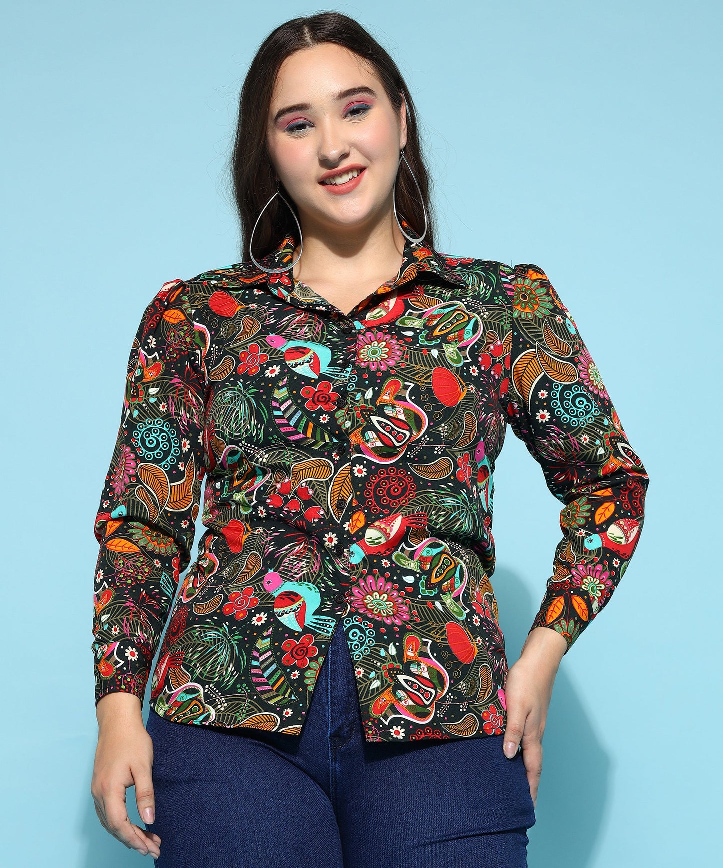 ANUSHIL Printed Women's Casual Shirt - Stylish Floral Print, Regular Fit, and Comfortable Cotton Fabric with Puff Sleeves