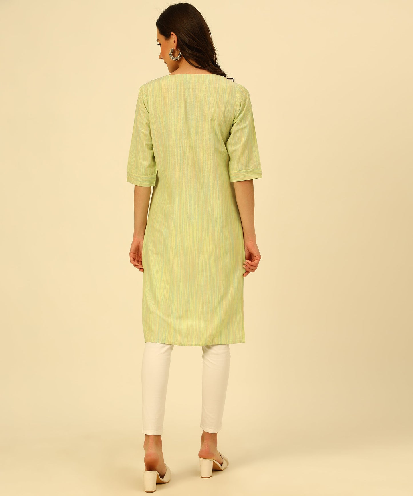 Cotton Self Weaved Multi Colour Thread Kurta Design, Green