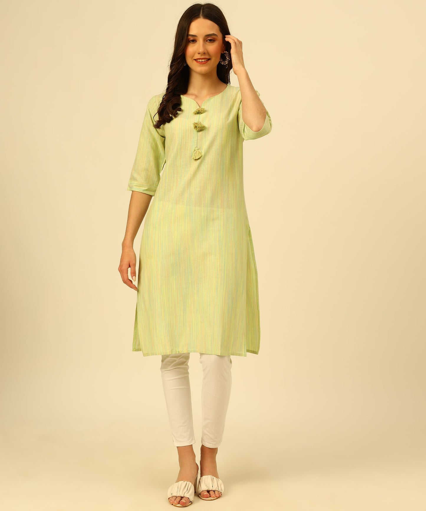 Cotton Self Weaved Multi Colour Thread Kurta Design, Green