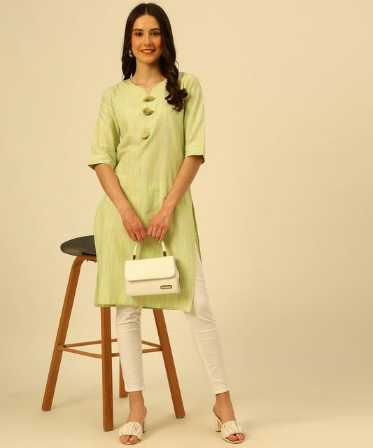 Cotton Self Weaved Multi Colour Thread Kurta Design, Green
