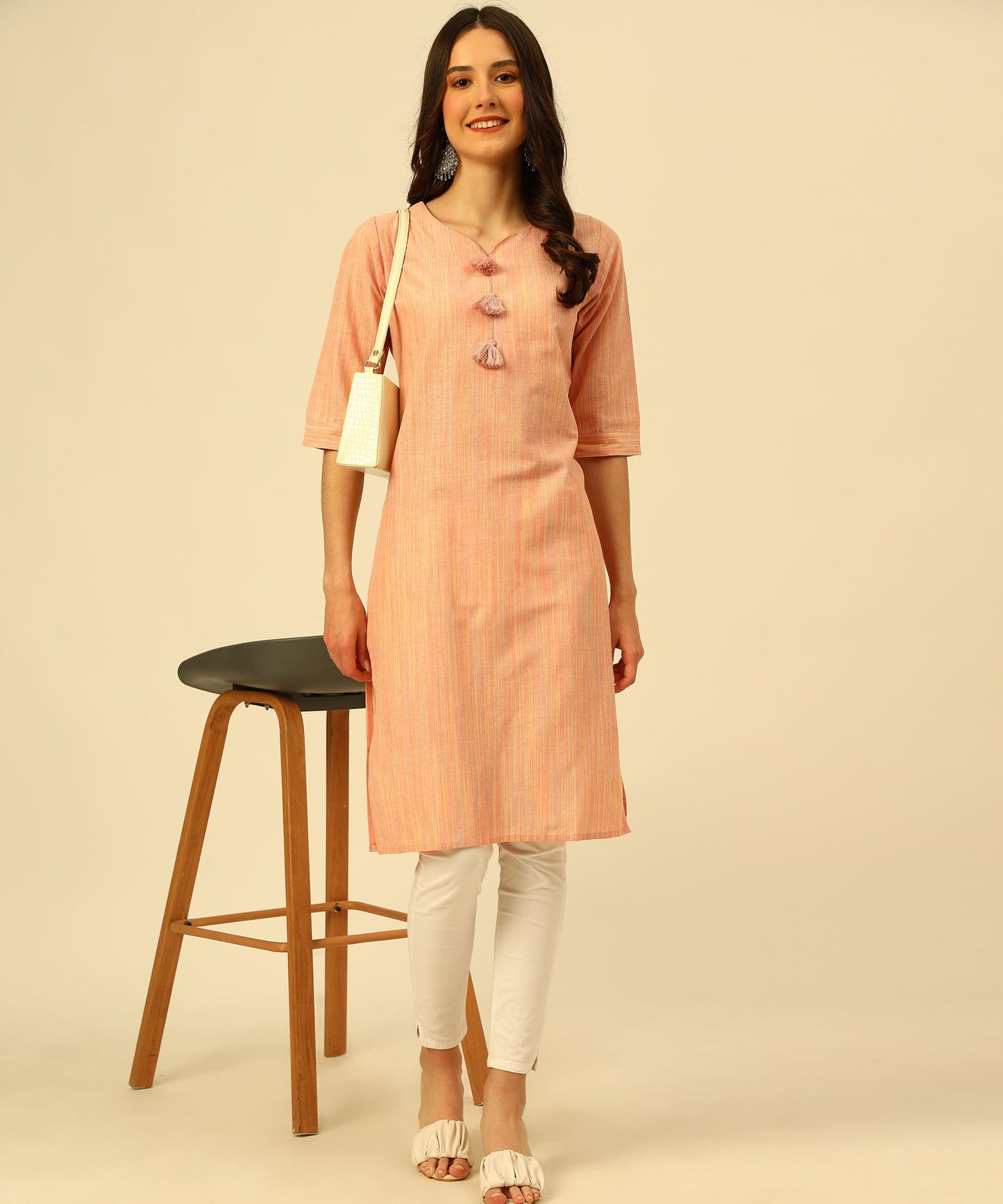 Cotton Self Weaved Multi Colour Thread Kurta Design, Orange