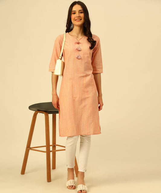 Cotton Self Weaved Multi Colour Thread Kurta Design, Orange