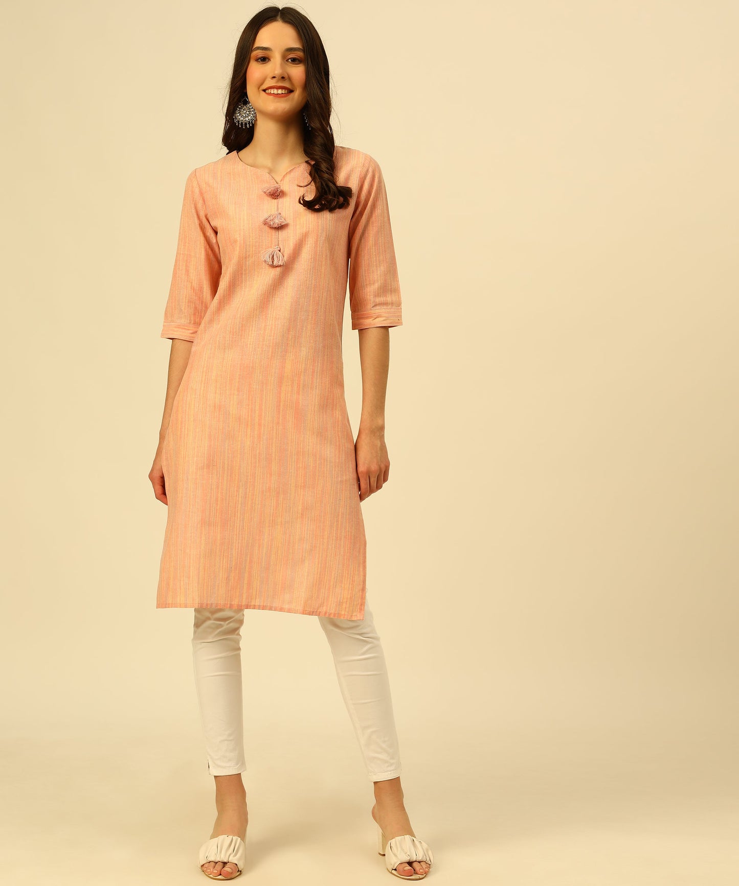 Cotton Self Weaved Multi Colour Thread Kurta Design, Orange