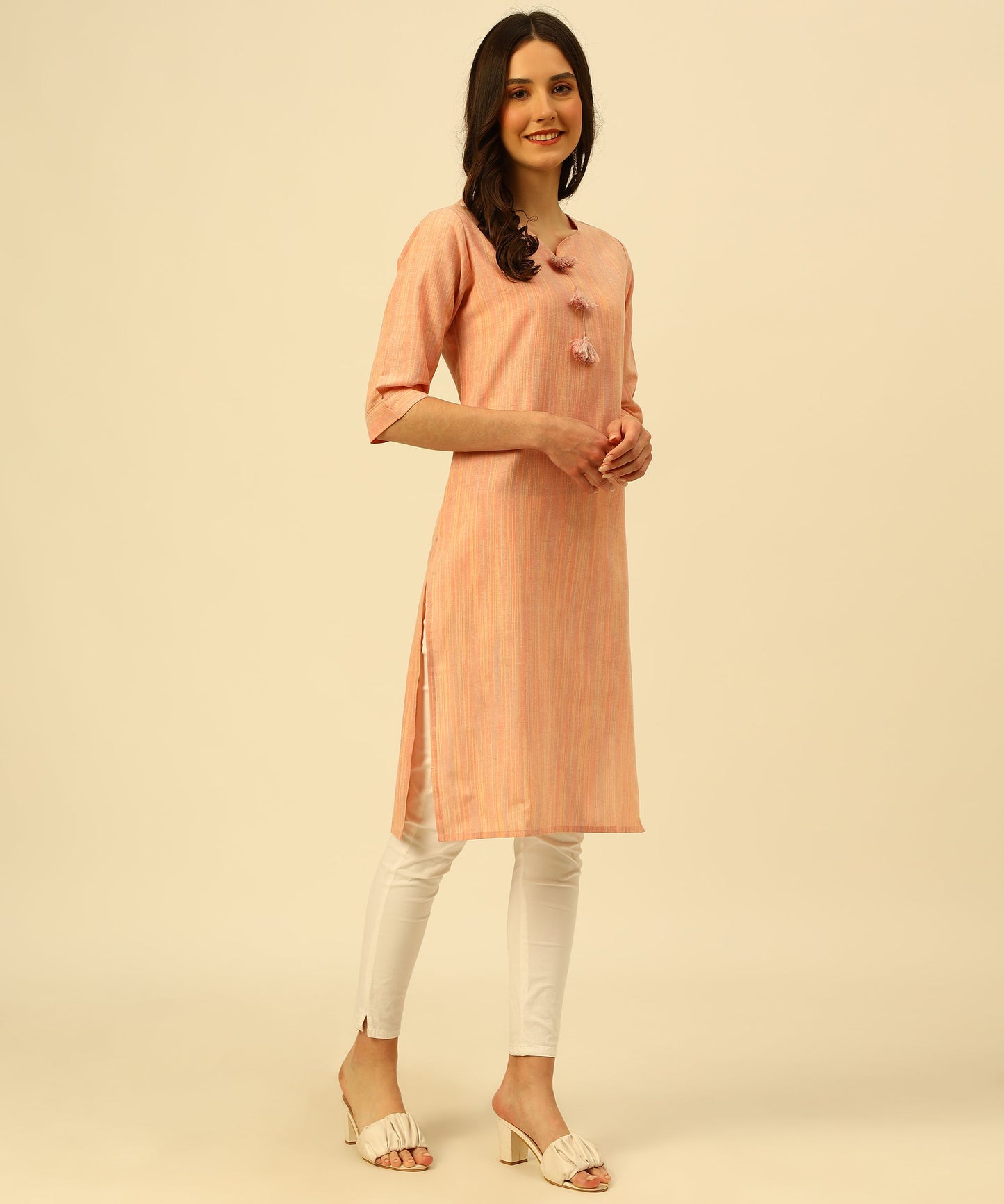 Cotton Self Weaved Multi Colour Thread Kurta Design, Orange