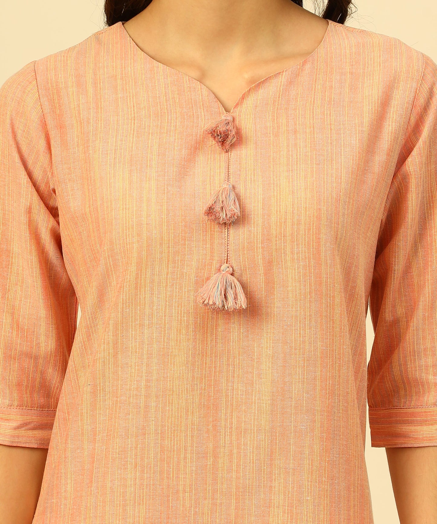 Cotton Self Weaved Multi Colour Thread Kurta Design, Orange