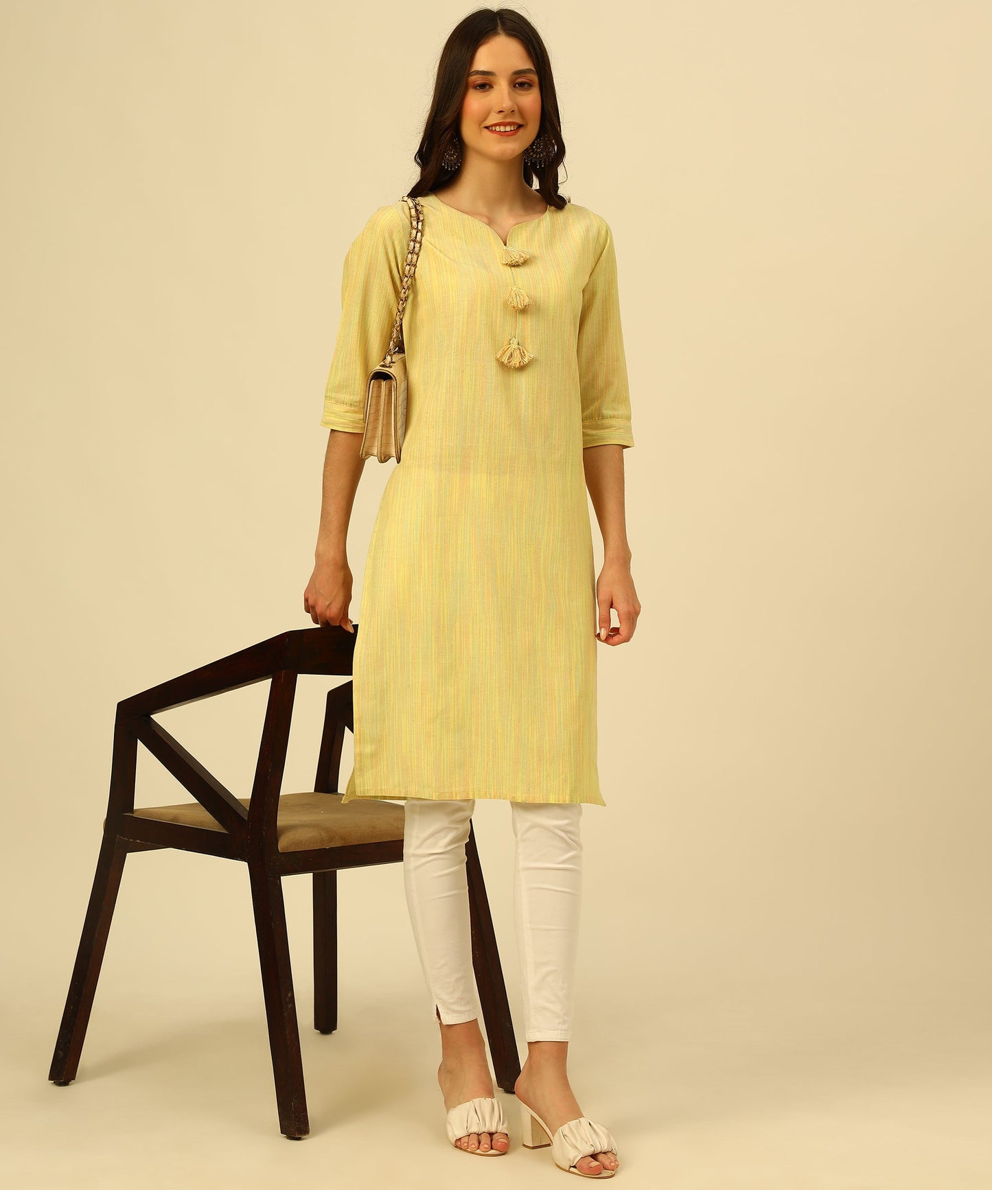 Cotton Self Weaved Multi Colour Thread Kurta Design, Yellow