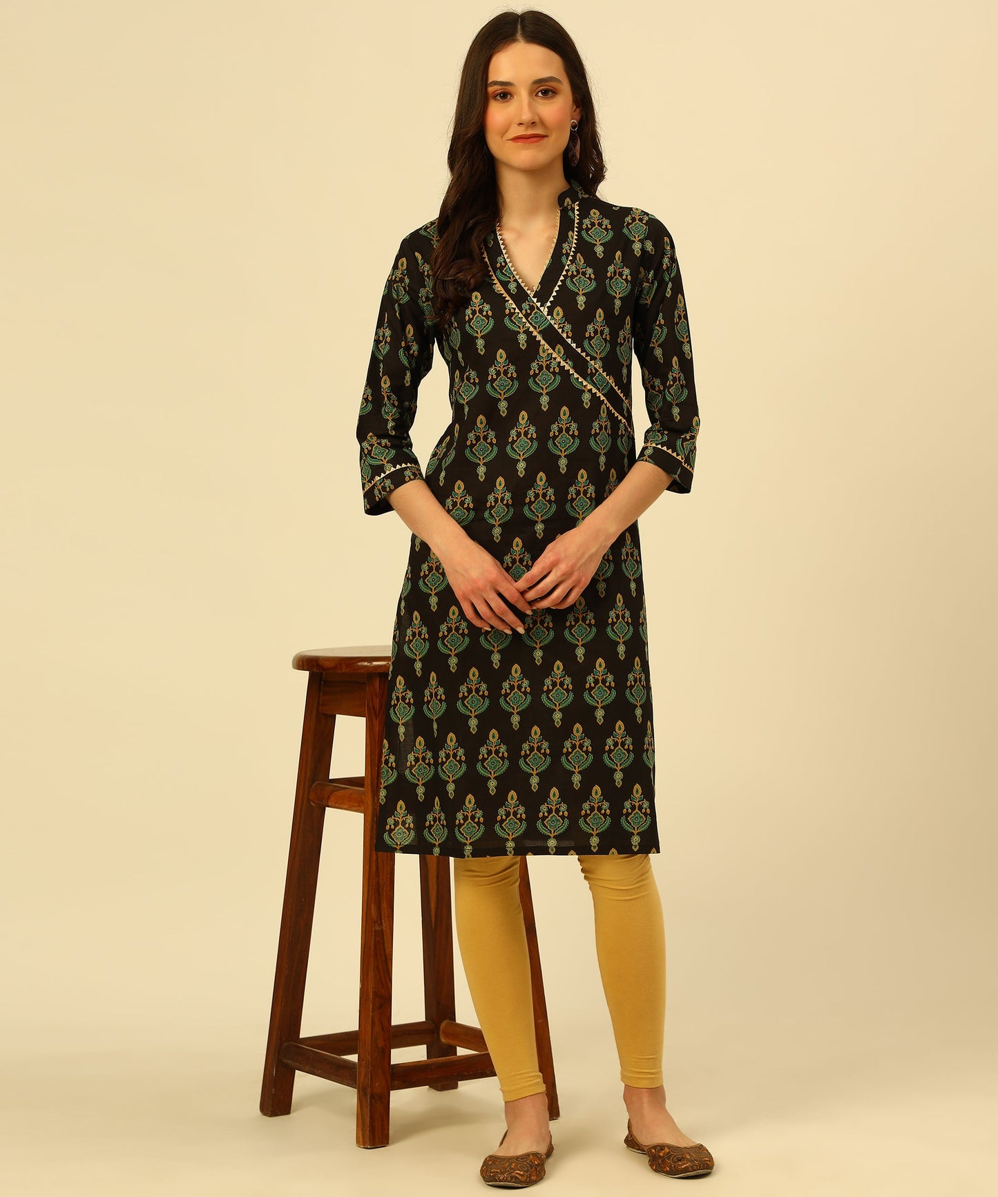 Printed Golden Lace Work Block Print Kurti For Women , Black