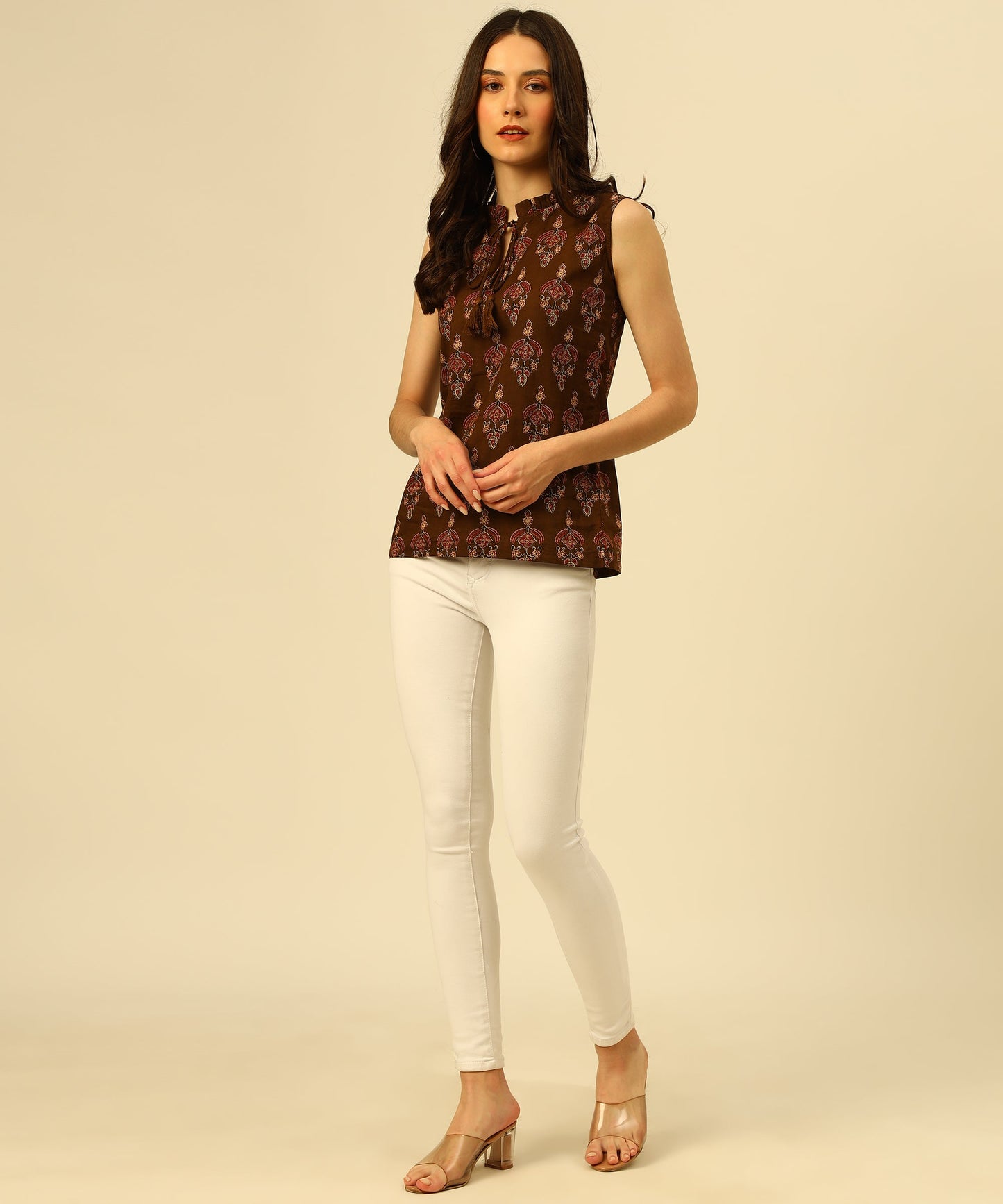 Cotton Printed Top Sleeveless Regular Fit Office Wear Casual Wear Top,Brown